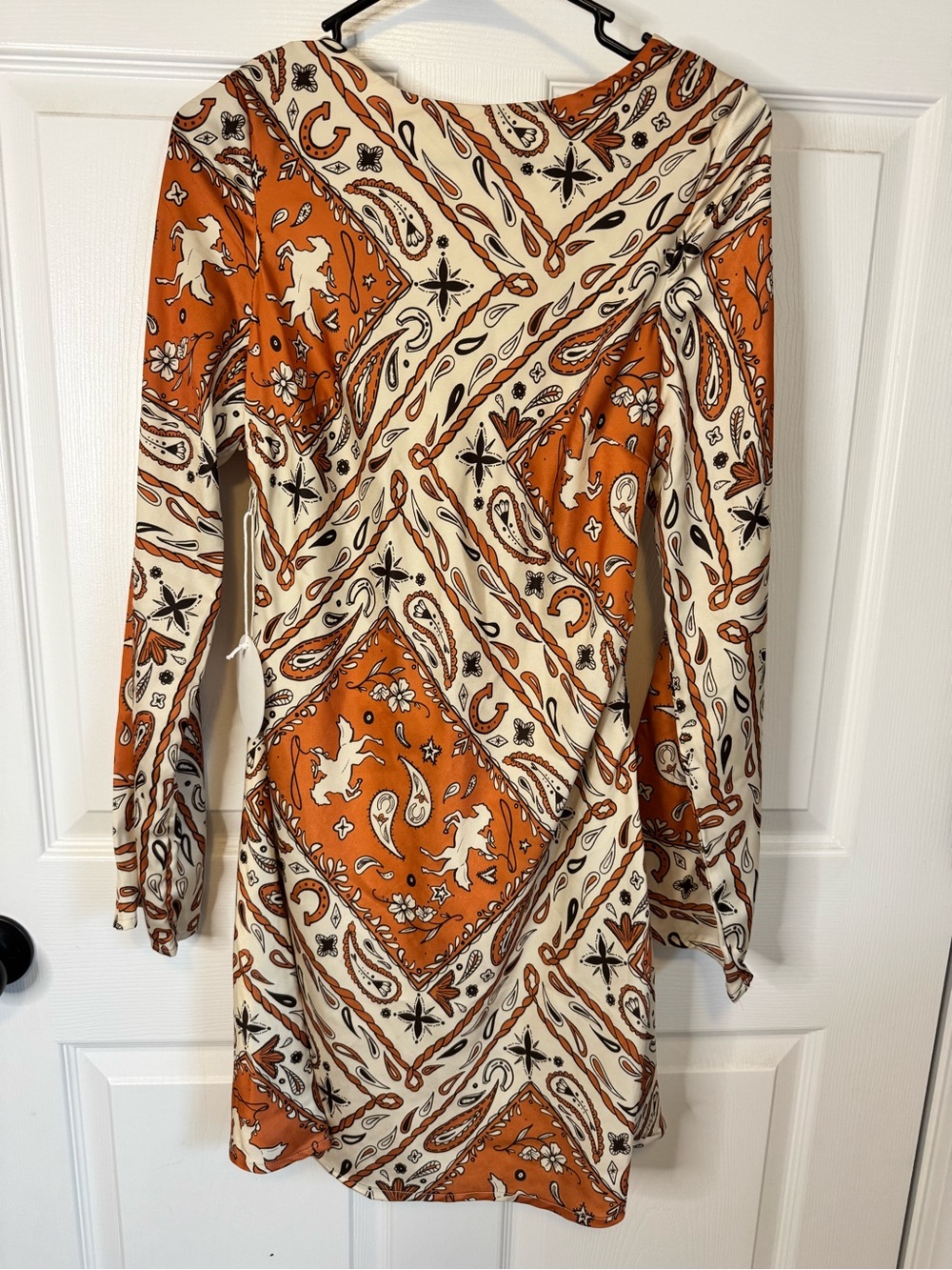 Bailey Rose Paisley Bandana Long-Sleeve Mini Dress in Rust and Cream